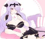  1girl breasts camilla_(fire_emblem_if) cleavage envelope fire_emblem fire_emblem_if hair_over_one_eye heart holding_envelope large_breasts long_hair nintendo parted_lips pillow plushcharm purple_hair solo tiara twitter_username violet_eyes 