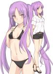 1girl alternate_costume arms_behind_back bangs bikini black_bikini blush breasts cowboy_shot euryale eyebrows_visible_through_hair fate/grand_order fate/hollow_ataraxia fate_(series) gluteal_fold hands_on_own_chest high_heels long_hair multiple_views navel parted_bangs purple_hair shiseki_hirame short_shorts shorts sidelocks small_breasts smile swimsuit twintails very_long_hair violet_eyes 