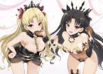  bangs bare_shoulders black_ribbon blonde_hair blush breasts chocolate chocolate_heart earrings ereshkigal_(fate/grand_order) fate/grand_order fate_(series) hair_ribbon heart hip_focus hoop_earrings ishtar_(fate/grand_order) jewelry leaning_forward long_hair looking_at_viewer medium_breasts mouth_hold parted_bangs red_eyes red_ribbon ribbon teddy_(khanshin) thighs tiara two_side_up white_background 