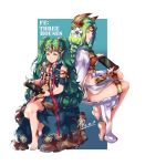  2girls adult barefoot braid breastplate closed_mouth conope copyright_name dated elf fire_emblem fire_emblem:_three_houses fire_emblem_16 flower full_body goddess green_eyes green_hair hair_flower hair_ornament highres intelligent_systems loli long_hair looking_back mamkute manakete multicolored_hair multiple_girls nintendo nintendo_switch parted_lips pointy_ears rhea_(fire_emblem) seiros_(fire_emblem) sitting smile sothis sothis_(fire_emblem) tiara twin_braids 