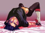  1boy black_gloves black_hair black_shirt boots fingerless_gloves gloves hip_focus hyakujuu-ou_golion iria59 keith_(voltron) looking_at_viewer male_focus midriff on_bed parted_lips shirt shoes short_sleeves solo violet_eyes voltron:_legendary_defender white_footwear 