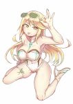  1girl absurdres adjusting_eyewear aqua_nails arm_up bangs bare_arms bare_shoulders blonde_hair breasts cleavage closed_mouth collarbone covered_navel eyebrows_visible_through_hair eyewear_on_head fingernails full_body gluteal_fold highres mythra_(xenoblade) large_breasts long_hair looking_at_viewer nail_polish nintendo one-piece_swimsuit shoes simple_background sitting smile solo strapless strapless_swimsuit sunglasses swimsuit thigh_strap thighs togin tongue tongue_out wariza white_background white_footwear white_swimsuit xenoblade_(series) xenoblade_2 yellow_eyes 