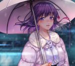  1girl azaka_(rionrita) black_ribbon blush coat day fate/stay_night fate_(series) floating_hair fur_coat grey_coat hair_ribbon holding holding_umbrella looking_at_viewer matou_sakura open_mouth outdoors pink_ribbon pink_umbrella purple_hair rei_no_himo ribbon short_hair solo umbrella upper_body violet_eyes winter_clothes winter_coat 