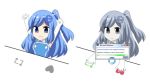  1girl :d arms_up bangs blue_hair bongo_cat buffering closed_mouth elbow_gloves english_text error_message eyebrows_visible_through_hair gloves hair_oranment heart highres hinghoi internet_explorer long_hair meme multiple_views one_side_up open_mouth os-tan smile swept_bangs what white_gloves windows 