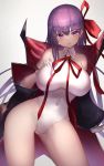  1girl bb_(fate)_(all) bb_(fate/extra_ccc) breasts covered_navel fate/grand_order fate_(series) gloves hair_ribbon hand_on_own_breast highres large_breasts leotard long_hair looking_at_viewer plaster2501 purple_hair red_ribbon ribbon simple_background smile solo standing very_long_hair violet_eyes white_gloves white_leotard wide_sleeves 