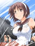  1girl breasts brown_eyes brown_hair cocoa_(cocoa0191) detached_sleeves from_below frown hairband holding holding_weapon kantai_collection large_breasts machinery natori_(kantai_collection) pleated_skirt red_skirt school_uniform serafuku short_hair sideboob skirt solo twitter_username v-shaped_eyebrows weapon white_hairband 