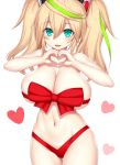  1girl :d aqua_eyes asamura_hiori blonde_hair blush bow breasts collarbone commentary_request eyebrows_visible_through_hair fang gene_(pso2) green_hair groin hair_between_eyes heart heart_hands highres large_breasts long_hair looking_at_viewer multicolored_hair naked_ribbon navel open_mouth phantasy_star phantasy_star_online_2 red_ribbon ribbon smile solo streaked_hair thigh_gap twintails white_background 