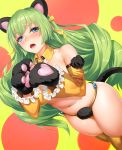  1girl animal_ears bangs bell big_hair bikini blue_eyes blush breasts cat_ears commentary_request detached_collar detached_sleeves dotted_background dutch_angle eyebrows_visible_through_hair fangs frilled_sleeves frills fur_trim gloves green_hair hair_ornament hair_ribbon hairclip heart highres jingle_bell long_hair looking_at_viewer navel obaoba_(monkeyix) open_mouth original paw_gloves paws ribbon simple_background solo swimsuit tail thigh-highs two-tone_background very_long_hair wide_sleeves yellow_bikini yellow_legwear yellow_ribbon 