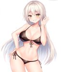  1girl bare_arms bare_shoulders bikini black_bikini blush breasts cleavage collarbone contrapposto cowboy_shot fate/grand_order fate_(series) front-tie_bikini front-tie_top gluteal_fold grin groin hair_between_eyes hair_intakes halter_top halterneck hand_on_hip hand_up highres hinaki_(hinaki_0102) jeanne_d&#039;arc_(alter_swimsuit_berserker) jeanne_d&#039;arc_(fate)_(all) large_breasts legs_apart long_hair looking_at_viewer navel side-tie_bikini silver_hair simple_background smile solo standing stomach swimsuit teeth thighs very_long_hair white_background wide_hips yellow_eyes 