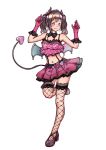  1girl blush brown_hair copyright_request demon_horns demon_tail fishnet_legwear fishnets flower frills gloves hands_up highres horns looking_at_viewer low_wings mini_wings navel pinkball red_eyes red_flower red_rose rose skirt solo tail thigh-highs wings 