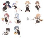  6+girls alternate_costume apron arare_(kantai_collection) arashio_(kantai_collection) asagumo_(kantai_collection) asashio_(kantai_collection) ascot ass back beret black_hair black_legwear black_ribbon black_skirt blonde_hair blue_eyes blue_hair braid breasts brown_eyes brown_hair brown_neckwear cafe coffee cup double_bun food foreshortening from_above full_body gradient_hair green_hairband grey_eyes grey_eyes grey_hair hair_bun hair_ribbon hairband hat holding holding_tray kantai_collection kasumi_(kantai_collection) kneehighs kneeling light_brown_hair long_hair looking_at_viewer menu michishio_(kantai_collection) minegumo_(kantai_collection) multicolored_hair multiple_girls ooshio_(kantai_collection) open_mouth pantyhose perspective plate pleated_skirt pot puffy_short_sleeves puffy_sleeves ribbon rice shirt short_hair short_sleeves short_twintails side_ponytail silver_hair simple_background single_braid skirt small_breasts smile solo text_focus tray tun twin_braids twintails waist_apron waitress wavy_hair white_background white_hair white_legwear white_shirt yamagumo_(kantai_collection) yellow_eyes 