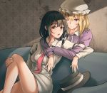  2girls ;) bangs bare_legs black_hair black_hat blonde_hair bow breasts brown_eyes center_frills commentary_request couch dress fedora feet_out_of_frame hair_between_eyes hair_bow hat hat_removed headwear_removed highres indoors joeychen juliet_sleeves knee_up long_sleeves looking_at_viewer maribel_hearn medium_breasts mob_cap multiple_girls necktie no_pants one_eye_closed open_mouth puffy_sleeves purple_dress red_neckwear shadow shirt short_hair sidelocks sitting smile thighs touhou upper_body usami_renko violet_eyes white_bow white_hat white_shirt wing_collar yuri 