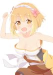  1girl :d arm_up bangs bare_arms bare_shoulders blonde_hair blush breasts brown_eyes brown_shorts cleavage collarbone commentary_request derivative_work endro! eyebrows_visible_through_hair fai_fai flower hair_flower hair_ornament medium_breasts open_mouth pink_flower shirt short_hair shorts simple_background smile solo strapless white_background white_shirt yutsuki_warabi 