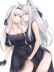  2girls absurdres ak-12_(girls_frontline) an-94_(girls_frontline) animal_ear_fluff animal_ears arm_support bare_arms bare_shoulders belt black_dress black_gloves black_ribbon blue_eyes blush braid breasts collarbone commentary_request cowboy_shot dress flying_sweatdrops french_braid girls_frontline gloves hair_intakes hair_ribbon hairband highres jewelry long_hair looking_at_another medium_breasts multiple_girls necklace off-shoulder_dress off_shoulder parted_lips profile ribbon ru_zhai side_slit sidelocks silver_hair simple_background sleeveless sleeveless_dress standing thighs violet_eyes wavy_mouth white_background yuri 