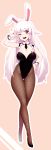  1girl ;d animal_ears black_footwear black_leotard black_neckwear blush breasts brown_background brown_legwear bunny_girl bunny_tail bunnysuit cleavage collar commentary_request crossed_legs detached_collar dev fingernails fishnet_pantyhose fishnets full_body hair_flaps head_tilt highres large_breasts legs_crossed leotard long_hair long_legs looking_at_viewer nail_polish necktie one_eye_closed open_mouth original outline pantyhose rabbit_ears red_nails shoes short_necktie sidelocks smile solo star strapless strapless_leotard tail two-tone_background upper_teeth v_over_eye very_long_hair watson_cross white_background white_collar white_hair white_outline 