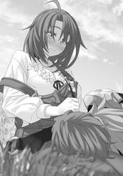  1boy 1girl ahoge blush breasts cleavage cow_girl_(goblin_slayer!) day eyebrows_visible_through_hair goblin_slayer goblin_slayer! greyscale hair_between_eyes highres kannatsuki_noboru lap_pillow large_breasts long_sleeves looking_down monochrome neck_ribbon no_headwear no_helmet novel_illustration official_art outdoors ribbon shirt short_hair smile 