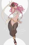  1girl absurdres arm_up braid bridal_gauntlets character_name copyright_name fire_emblem fire_emblem:_kakusei full_body hairband highres itou_(very_ito) long_hair midriff nail_polish navel nintendo olivia_(fire_emblem) parted_lips pink_eyes pink_hair ponytail see-through simple_background solo twin_braids white_hairband 