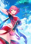  1girl absurdres armor bangs blush breasts covered_navel earrings fingerless_gloves gloves green322 hair_ornament highres pyra_(xenoblade) jewelry large_breasts looking_at_viewer nintendo red_eyes redhead short_hair shorts sidelocks simple_background smile solo tiara xenoblade_(series) xenoblade_2 
