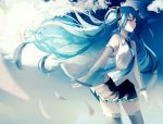  1girl bangs bare_arms bare_shoulders beckzawachi black_skirt blue_hair blue_neckwear blue_sky calc_(vocaloid) closed_eyes clouds collared_shirt day grey_legwear hatsune_miku legs_apart long_hair miniskirt necktie pleated_skirt shirt skirt sky sleeveless sleeveless_shirt solo thigh-highs thighs twintails very_long_hair vocaloid white_shirt zettai_ryouiki 