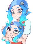  2girls badge beanie blue_hair blue_hat button_badge dual_persona eyeliner grey_eyes grin hand_on_another&#039;s_face hand_on_another&#039;s_head hat highres humanization jtveemo long_hair looking_at_another makeup multiple_girls octarian octoling one_eye_closed short_sleeves simple_background smile splatoon splatoon_(series) splatoon_2 tentacle_hair v-shaped_eyebrows white_background wristband 