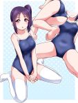 1girl :o ass bangs barefoot between_legs blue_background blue_swimsuit blush collarbone commentary_request competition_school_swimsuit covered_navel halftone halftone_background hand_between_legs head_out_of_frame kazuno_sarah looking_at_viewer love_live! love_live!_sunshine!! multiple_views outline purple_hair school_swimsuit side_ponytail sidelocks sitting spread_legs swimsuit thigh-highs violet_eyes wariza white_legwear white_outline yopparai_oni
