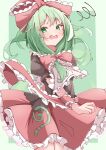  1girl absurdres bow dress embarrassed green_background green_eyes green_hair hair_bow highres kagiyama_hina long_hair open_mouth red_bow red_dress saimu_taju short_sleeves solo thighs touhou two-tone_background 