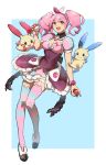 1girl :d asymmetrical_legwear bracelet breasts brown_eyes choker cleavage corset creatures_(company) eyebrows_visible_through_hair frilled_skirt frills full_body game_freak gen_3_pokemon hairband highres holding holding_poke_ball jewelry layered_skirt leaning_to_the_side long_hair looking_at_viewer macross macross_delta makina_nakajima medium_breasts miniskirt minun nintendo open_mouth pink_hair pink_hairband plusle poke_ball pokemon pokemon_(creature) print_legwear shimatani_azu shiny shiny_hair short_sleeves skirt smile standing striped striped_legwear striped_sleeves thigh-highs twintails zettai_ryouiki 