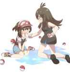  2girls ayumi_(pokemon) baseball_cap black_dress black_footwear blue_(pokemon) blue_shorts brown_eyes brown_hair creatures_(company) dress finger_in_mouth game_freak green_shorts hat high_ponytail kneeling long_hair momomomo_(user_ueus7454) multiple_girls nintendo poke_ball poke_ball_(generic) pokemon pokemon_(game) pokemon_lgpe short_sleeves shorts shorts_under_dress sitting sleeveless sleeveless_dress wariza white_legwear yuri 