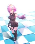  1girl ahoge armored_leotard bangs black_leotard breasts breasts_apart checkered checkered_floor elbow_gloves fate/grand_order fate_(series) full_body gloves hand_on_hilt highres kinpun_(fgxdw447) leotard looking_at_viewer mash_kyrielight outstretched_arm pink_hair purple_gloves short_hair solo standing swept_bangs sword violet_eyes weapon 