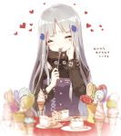  1girl artist_request cake candy closed_eyes commentary_request eating food fork girls_frontline goggles goggles_around_neck hk416_(girls_frontline) ice_cream ice_cream_cone iron_cross plate silver_hair smile solo translation_request 