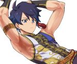  1boy alternate_costume arm_up armlet armpits blue_eyes blue_hair chinese_clothes idol idolmaster idolmaster_side-m idolmaster_side-m_live_on_stage looking_at_viewer male_focus ponzu_(beetle_burner) simple_background sleeveless solo taiga_takeru world_tre@sure_(idolmaster) 