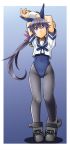  1girl :&lt; adapted_costume akebono_(kantai_collection) alto-00 animal_ears arm_up arms_behind_back bell black_legwear blouse blue_background blue_leotard blue_sailor_collar boots border breasts bunnysuit eyebrows_visible_through_hair fake_animal_ears flower full_body gradient gradient_background grey_footwear hair_bell hair_between_eyes hair_bobbles hair_flower hair_ornament highres jingle_bell kantai_collection leotard leotard_under_clothes long_hair looking_at_viewer neckerchief pantyhose purple_hair rabbit_ears rubber_boots sailor_collar school_uniform shadow short_sleeves side_ponytail small_breasts solo violet_eyes white_border wrist_cuffs 