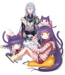  1boy 1girl 1other :t androgynous animal_ears aqua_eyes bangs barefoot blunt_bangs blush bob_cut bow braid cat_ears cat_slippers cat_tail chin_rest closed_eyes commentary_request cup drawing_tablet eyebrows_visible_through_hair gloves headband highres holding holding_cup holding_stylus hood hood_down hoodie knees_up kuroi kuroinyan long_hair long_sleeves looking_at_viewer looking_to_the_side lying mebius_(pixiv_fantasia) monocle multiple_girls on_head on_stomach orange_eyes original pixiv_fantasia pixiv_fantasia_new_world pout purple_hair short_hair silver_hair single_glove sitting slippers socks striped striped_hoodie stylus tail teacup twin_braids 