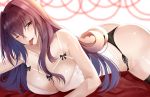  1girl ass bangs bare_shoulders blush breasts cleavage collarbone fate/grand_order fate_(series) hair_between_eyes hair_intakes large_breasts long_hair looking_at_viewer lying nikek96 on_stomach panties purple_hair red_eyes scathach_(fate)_(all) scathach_(fate/grand_order) smile solo tongue tongue_out underwear white_background 