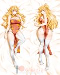  1girl ahoge alfred_cullado artist_name ass bangs bare_arms bare_shoulders bed_sheet black_panties blonde_hair blush breasts china_dress chinese_clothes cleavage cleavage_cutout closed_mouth covered_navel dakimakura double_bun dress eyebrows_visible_through_hair full_body highres knee_up large_breasts long_hair looking_at_viewer lying no_shoes on_back on_stomach panties patreon_username pelvic_curtain red_dress red_eyes rwby side-tie_panties sleeveless sleeveless_dress smile solo thigh-highs underwear v-shaped_eyebrows very_long_hair violet_eyes watermark wavy_hair web_address white_legwear yang_xiao_long 