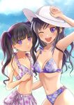  2girls ;d absurdres arm_up armpits bangs bikini bikini_skirt black_hair blue_bikini blurry blurry_background blush breasts character_request cleavage clouds day floating_hair floral_print grey_bikini hair_ribbon hat highres kuroneko_w1nter long_hair medium_breasts multiple_girls one_eye_closed open_mouth outdoors print_bikini purple_ribbon ribbon sideboob small_breasts smile standing sun_hat swimsuit twintails violet_eyes white_hat 