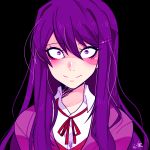  1girl blush collar crazy_eyes crazy_smile doki_doki_literature_club hair_between_eyes hair_ornament hairclip kokomi_(aniesuakkaman) long_hair looking_at_viewer neck_ribbon purple_hair red_ribbon ribbon school_uniform violet_eyes white_collar yandere yuri_(doki_doki_literature_club) 