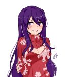  1girl blush breasts cleavage doki_doki_literature_club hair_between_eyes kokomi_(aniesuakkaman) large_breasts long_hair long_sleeves lowres purple_hair smile snowflake_print sweater violet_eyes yuri_(doki_doki_literature_club) 