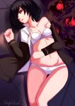  1girl bare_legs bare_shoulders black_hair black_jacket bra breasts cleavage collarbone commentary commentary_request copyright_name english_commentary hair_over_one_eye hand_on_own_stomach jacket kagune_(tokyo_ghoul) kirishima_touka long_sleeves looking_to_the_side lying panties red_eyes ryuuno6 shirt short_hair small_breasts solo tokyo_ghoul underwear white_bra white_panties white_shirt 