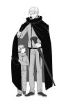  2boys cape child full_body greyscale highres hyuse long_sleeves looking_at_another looking_down looking_up male_focus monochrome multiple_boys short_hair standing torotakudon viza world_trigger 