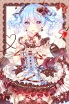  1girl :d alternate_hairstyle bang_dream! bangs blue_bow blue_hair blue_ribbon blush border bow brown_bow brown_ribbon character_name chocolate cream dress eyebrows_visible_through_hair food frilled_dress frilled_sleeves frills fruit gift hair_ornament hair_ribbon heart heart_hair_ornament highres holding holding_gift holding_heart lolita_fashion long_hair looking_at_viewer matsubara_kanon open_mouth red_bow ribbon short_sleeves sidelocks smile solo strawberry striped striped_bow striped_ribbon taya_5323203 twintails valentine violet_eyes wrist_cuffs 