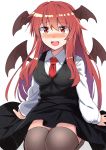  1girl :d arm_support bangs black_skirt black_vest blush breasts commentary_request demon_wings e.o. eyebrows_visible_through_hair hair_between_eyes head_wings highres koakuma long_hair long_sleeves looking_at_viewer medium_breasts necktie nose_blush open_mouth red_eyes red_neckwear redhead seiza sheer_legwear shirt sidelocks simple_background sitting skirt skirt_set smile solo thigh-highs thighs touhou very_long_hair vest white_background white_shirt wings 