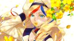  1girl anchor_hair_ornament bangs beret blonde_hair blue_eyes blue_hair closed_mouth collarbone commandant_teste_(kantai_collection) commentary_request eyebrows_visible_through_hair flower french_flag hair_between_eyes hair_ornament hat highres hisame_(gocbu) kantai_collection leaf long_hair long_sleeves looking_at_viewer multicolored multicolored_clothes multicolored_hair multicolored_scarf outdoors petals plaid plaid_scarf redhead scarf simple_background solo streaked_hair swept_bangs wavy_hair white_hair 