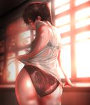  1girl ass black_hair black_panties blush bra commentary_request eyebrows_visible_through_hair hair_between_eyes highres houshou_(kantai_collection) kantai_collection long_hair looking_at_viewer panties ponytail revision see-through shirt short_sleeves solo tama_(seiga46239239) tree underwear wet wet_clothes wet_panties wet_shirt white_shirt window yellow_eyes 