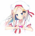  1girl :o abigail_williams_(fate/grand_order) bangs black_bow blonde_hair blue_eyes blush bow collarbone crossed_bandaids fate/grand_order fate_(series) hair_bow hat hat_ribbon heart heart_hands long_hair looking_at_viewer orange_bow parted_bangs puririn red_ribbon ribbon shirt short_sleeves simple_background solo upper_body white_background white_hat white_shirt 