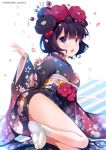  1girl ass bangs black_kimono breasts commentary_request diagonal_stripes eyebrows_visible_through_hair fate/grand_order fate_(series) floral_print flower hair_between_eyes hair_ornament highres japanese_clothes katsushika_hokusai_(fate/grand_order) kimono ko_yu long_sleeves no_shoes obi open_mouth print_kimono purple_hair red_flower sash small_breasts socks soles solo striped tabi twitter_username violet_eyes white_background white_legwear wide_sleeves 