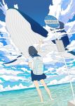  1girl animal backpack bag black_hair blue_sailor_collar blue_skirt blue_sky clouds cloudy_sky commentary_request facing_away flying_whale from_behind highres horizon medium_hair ocean original outstretched_arm pleated_skirt road_sign sailor_collar scenery school_uniform serafuku seraphitalg shirt sign skirt sky soaking_feet solo standing translated water whale white_shirt 