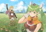  1boy 1girl arm_up black_gloves blonde_hair blue_sky cape closed_mouth clouds cravat day elbow_gloves fingerless_gloves flower frey_(rune_factory) gloves grass green_eyes green_hair hair_ornament kyufe leaf lest_(rune_factory) long_hair mountain open_mouth outdoors pouch rune_factory rune_factory_4 sky sleeveless smile standing twintails violet_eyes white_gloves 