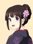 :d brown_hair chitanda_eru flower hair_bun hair_flower hair_ornament hair_up hyouka japanese_clothes kimono looking_at_viewer looking_back mitsuhiro-510-goto open_mouth sidelocks simple_background smile upper_body violet_eyes 