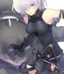  1girl armored_boots armored_leotard ayanolity black_footwear black_leotard boots breasts elbow_gloves fate/grand_order fate_(series) faulds gloves hair_over_one_eye holding_shield leotard looking_at_viewer mash_kyrielight medium_breasts purple_gloves sheath sheathed shield short_hair silver_hair solo sword thigh-highs thigh_boots violet_eyes weapon 